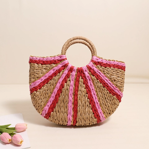 Borsa A Mano In Paglia Intrecciata Semicircolare Con Filo Dorato A Righe A Forma Di Ventaglio Per Donna