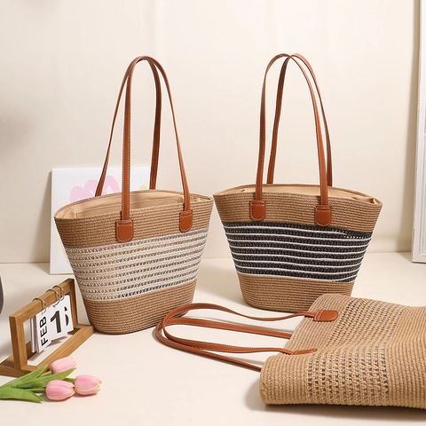 Bolso De Hombro Tejido Mujeres Gran Capacidad Rayas Verano Playa Vacaciones Tote Con Asa De Cuero