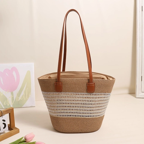 Bolso De Hombro Tejido Mujeres Gran Capacidad Rayas Verano Playa Vacaciones Tote Con Asa De Cuero