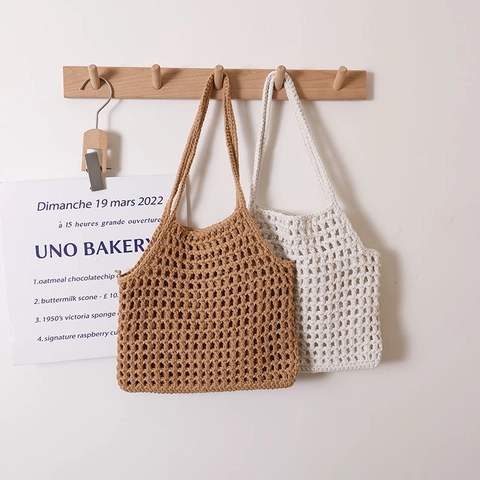 Bolso De Mano Tejido De Cuerda De Algodón Calado Para Mujer Con Bolsa Interior Con Cordón Estilo Bohemio Playa