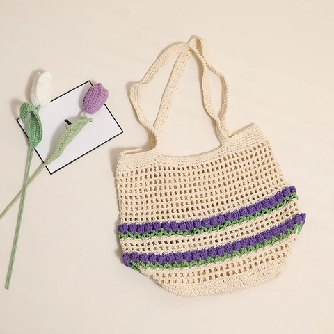 Women Crochet Tote Bag Hand-Woven Cotton Rope Hollow Mesh Tulip Flower Shoulder Bag Beach Vacation Bohemian Casual