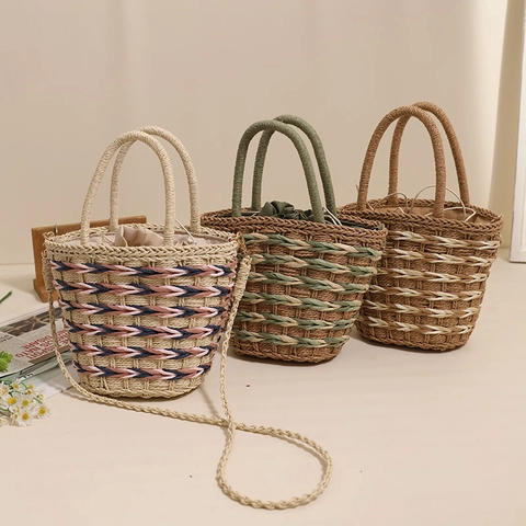 Borsa A Secchiello In Paglia Intrecciata A Mano Per Donna Portata A Mano Tracolla Vacanze Al Mare Stile Mori Con Coulisse