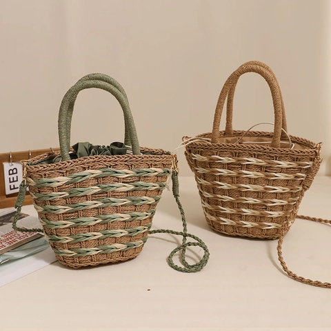 Borsa A Secchiello In Paglia Intrecciata A Mano Per Donna Portata A Mano Tracolla Vacanze Al Mare Stile Mori Con Coulisse