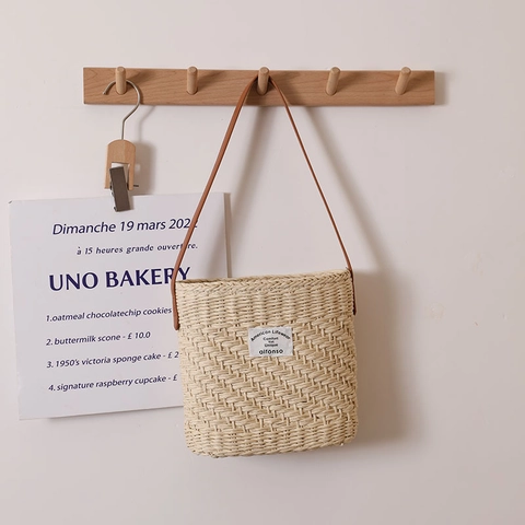 Strohgewebte Eimer-Schultertasche Mit Kordelzugfutter PU-Lederriemen Sommer Strandurlaub Minimalistisch Für Damen