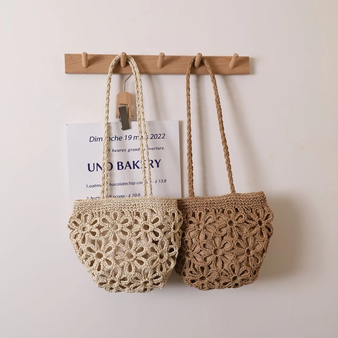 Bolso De Hombro De Paja De Ganchillo Con Flores Huecas Hecho A Mano Tejido Bohemio Bolso De Playa Verano Vacaciones Para Mujeres