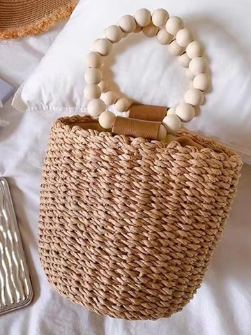 Stroh Gewebte Beuteltasche Holzperlen Griff Rund Handtasche Sommer Strand Urlaub Kordelzug Retro Boho Handtasche Damen