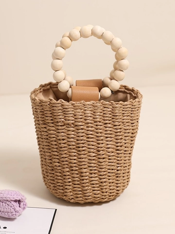 Stroh Gewebte Beuteltasche Holzperlen Griff Rund Handtasche Sommer Strand Urlaub Kordelzug Retro Boho Handtasche Damen