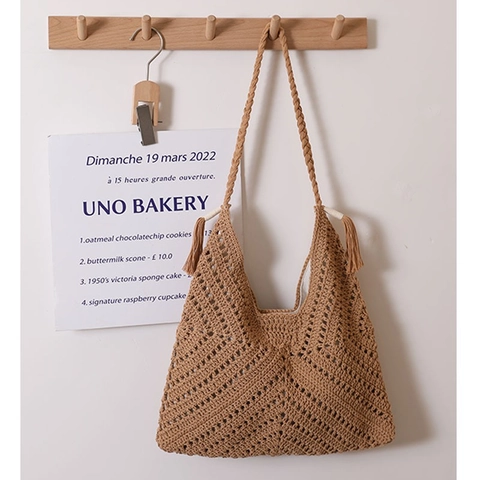 Borsa A Spalla In Cotone All'uncinetto Fatta A Mano Traforata Nappa Boho Spiaggia Vacanze Borsa Geometrica