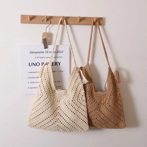 Borsa A Spalla In Cotone All'uncinetto Fatta A Mano Traforata Nappa Boho Spiaggia Vacanze Borsa Geometrica
