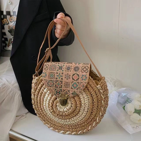 Borsa A Spalla In Paglia Rotonda Stampa Retrò Copertura In Pelle PU Bohemia Vacanza Borsa A Tracolla Per Donna Casual