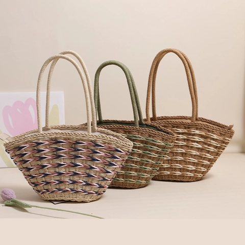 Borsa In Paglia Intrecciata Carta Fatta A Mano Grande Capacità Spiaggia Vacanza Colore A Contrasto Per Donne