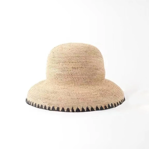 Sombrero De Sol De Rafia Tejido A Mano Ala Ancha De Paja Estilo Cloche Borde Ondulado Negro Hepburn Playa Mujeres