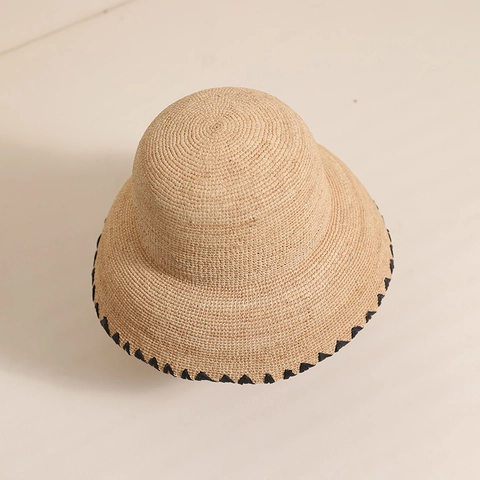 Sombrero De Sol De Rafia Tejido A Mano Ala Ancha De Paja Estilo Cloche Borde Ondulado Negro Hepburn Playa Mujeres