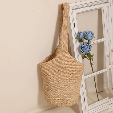 Raffia Stroh Gewebte Eimertasche Große Kapazität Handgefertigte Umhängetasche Sommer Strand Urlaub Stil Lässig Für Damen