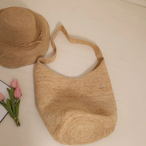Raffia Stroh Gewebte Eimertasche Große Kapazität Handgefertigte Umhängetasche Sommer Strand Urlaub Stil Lässig Für Damen