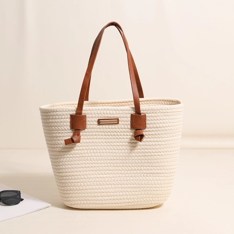 Women Woven Tote Handbag Cotton Rope PU Leather Handle Large Capacity Summer Beach Holiday Vacation Casual Simple Style