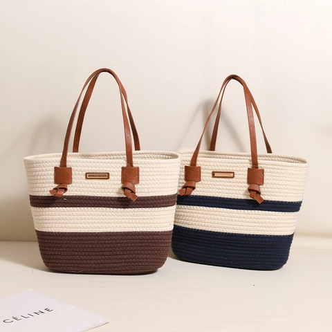 Woven Cotton Rope Tote Bag Striped Large Capacity Shoulder Handbag With PU Leather Handles For Summer Beach Vacation Women