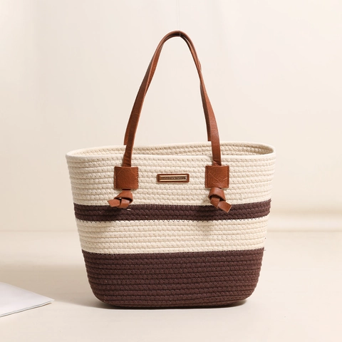 Woven Cotton Rope Tote Bag Striped Large Capacity Shoulder Handbag With PU Leather Handles For Summer Beach Vacation Women
