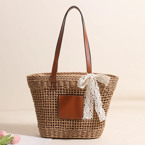 Borsa A Spalla Intrecciata Borsa In Paglia Con Tracolla In Pelle Fiocco In Pizzo Design Traforato Per Vacanze Spiaggia Donna