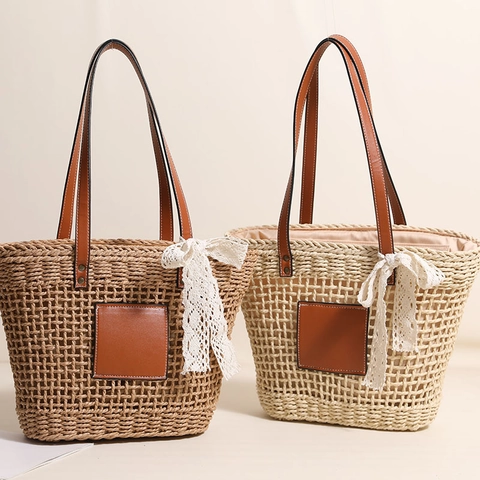 Borsa A Spalla Intrecciata Borsa In Paglia Con Tracolla In Pelle Fiocco In Pizzo Design Traforato Per Vacanze Spiaggia Donna