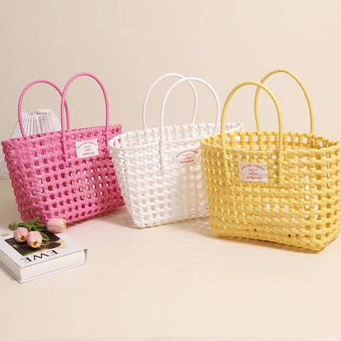 Bolso De Mano Tejido Para Mujer Plástico PVC Calado Bolso Cesta De Playa Verano Vacaciones Con Asas Tote Simple