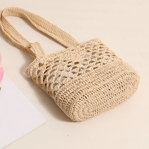 Borsa A Spalla In Paglia Di Raffia Fatta A Mano Borsa Da Spiaggia All'Uncinetto Con Tasca Interna Per Donna