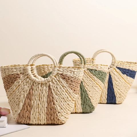 Handwoven Paper Straw Handbag With Gold Thread Large Capacity Beach Vacation Pastoral Color Block Tote For Women