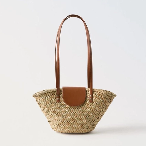 Bolso De Hombro De Paja Para Mujer Con Tapa De Cuero PU Y Bolsa Interior Con Cordón Bolso De Playa Verano Vacaciones