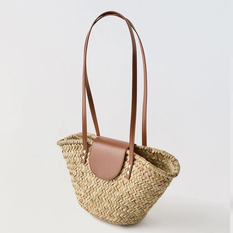 Bolso De Hombro De Paja Para Mujer Con Tapa De Cuero PU Y Bolsa Interior Con Cordón Bolso De Playa Verano Vacaciones