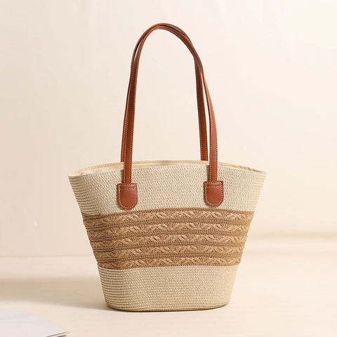 Straw Woven Tote Bag Large Capacity Striped Beach Vacation Handbag With PU Leather Straps