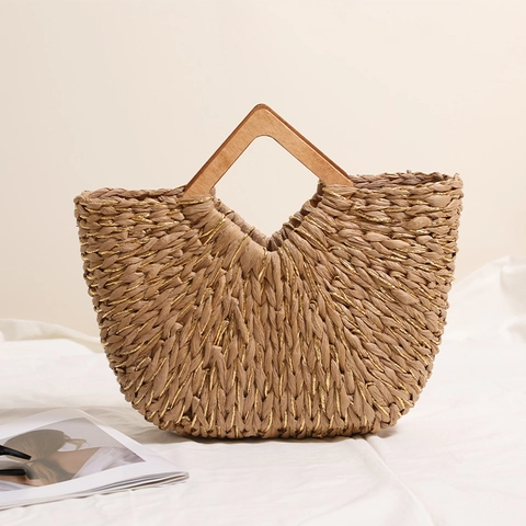 Borsa A Mano In Paglia Intrecciata Da Donna Con Manico In Legno Semicerchio Spiaggia Estate Vacanze Oro