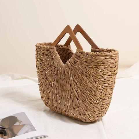 Borsa A Mano In Paglia Intrecciata Da Donna Con Manico In Legno Semicerchio Spiaggia Estate Vacanze Oro