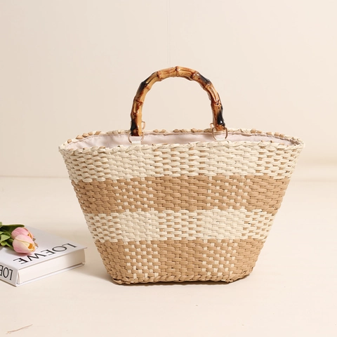 Woven Paper Straw Handbag With Bamboo Handle Retro Striped Large Tote Beach Bag For Summer Vacation Minimalist Women