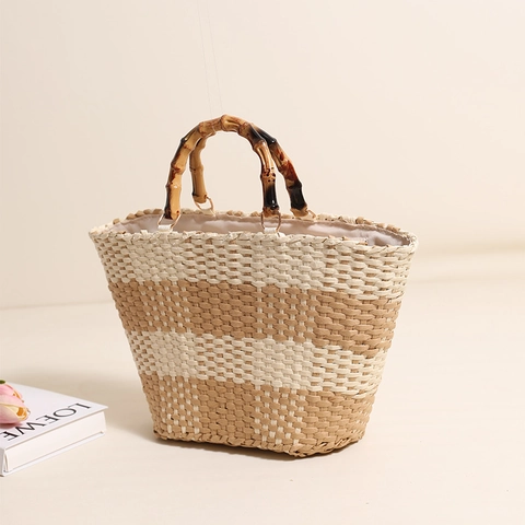 Woven Paper Straw Handbag With Bamboo Handle Retro Striped Large Tote Beach Bag For Summer Vacation Minimalist Women