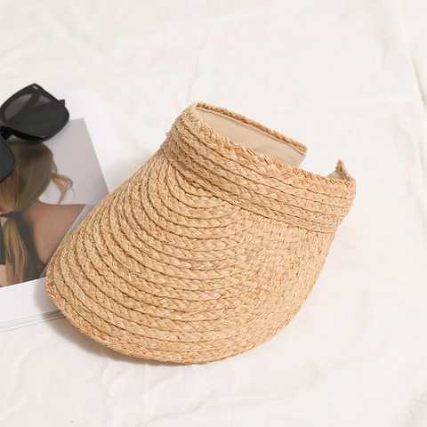 Visera De Paja De Rafia Para Mujer Tejida A Mano Parte Superior Abierta Ala Ancha Protección Solar Playa Vacaciones Verano