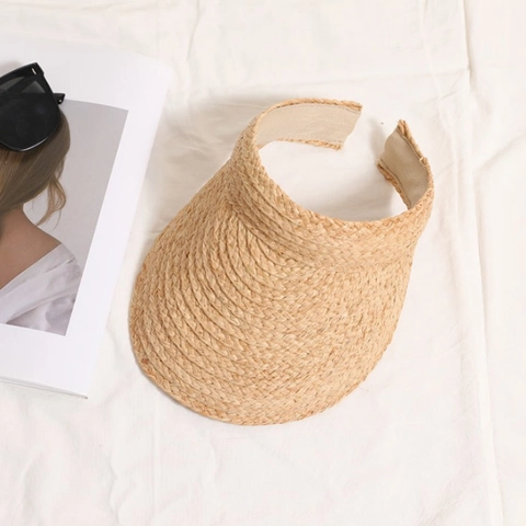 Visera De Paja De Rafia Para Mujer Tejida A Mano Parte Superior Abierta Ala Ancha Protección Solar Playa Vacaciones Verano