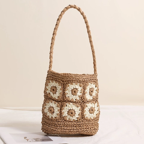 Handgefertigte Gehäkelte Granny-Square Handtasche Papierstroh Gänseblümchenmuster Boho Strand Urlaub Umhängetasche Damen