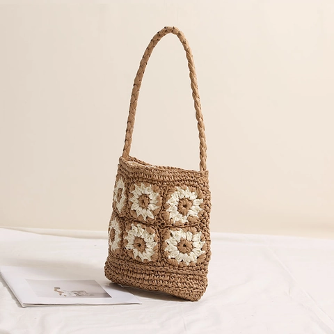 Handgefertigte Gehäkelte Granny-Square Handtasche Papierstroh Gänseblümchenmuster Boho Strand Urlaub Umhängetasche Damen