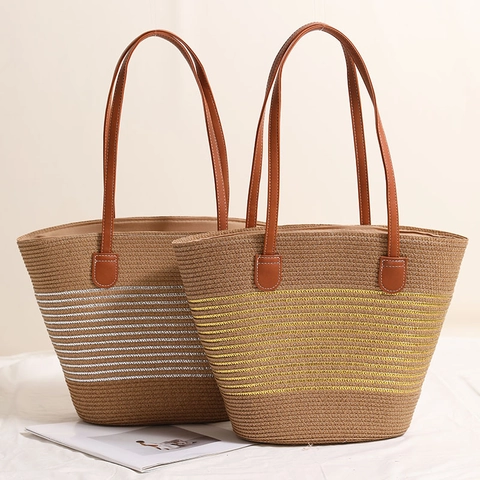 Borsa Tote In Paglia Intrecciata Da Donna Con Righe Metalliche Borsa A Spalla Casual Da Spiaggia Con Spalline In Pelle PU
