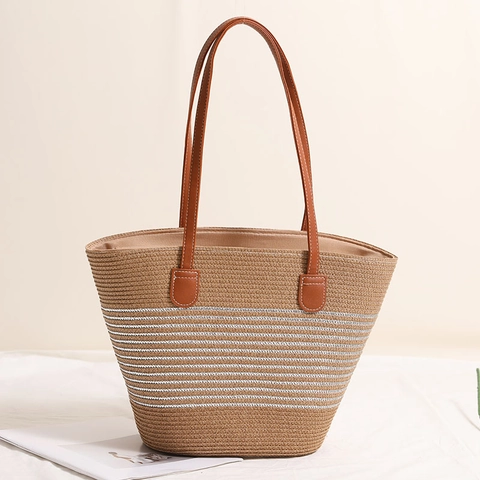 Borsa Tote In Paglia Intrecciata Da Donna Con Righe Metalliche Borsa A Spalla Casual Da Spiaggia Con Spalline In Pelle PU