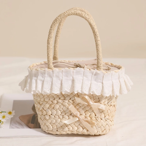 Sac À Main En Paille Pour Femmes Panier Tissé En Maïs Avec Dentelle Et Noeuds En Satin Style Pastoral Vacances Plage