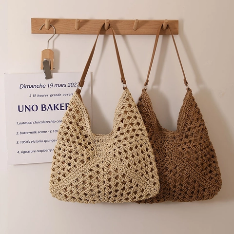 Borsa A Spalla In Paglia Intrecciata Da Donna Uncinetto Traforato Boho Spiaggia Borsa Hobo Grande Capacità Con Tracolla In PU