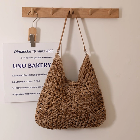 Borsa A Spalla In Paglia Intrecciata Da Donna Uncinetto Traforato Boho Spiaggia Borsa Hobo Grande Capacità Con Tracolla In PU