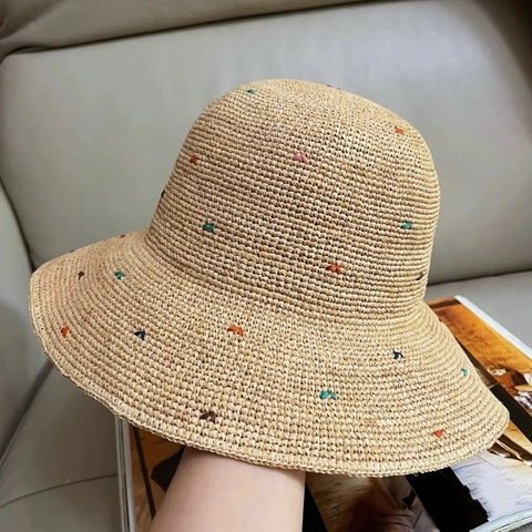 Raffia Straw Hat Colorful Embroidery Dot Sun Protection Wide Brim Foldable Beach Vacation Bucket Hat For Women