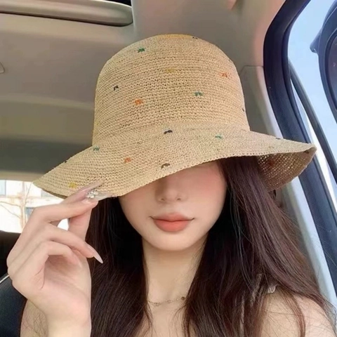 Raffia Straw Hat Colorful Embroidery Dot Sun Protection Wide Brim Foldable Beach Vacation Bucket Hat For Women