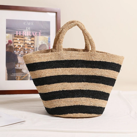 Borsa Tote In Paglia Intrecciata A Righe Grande Capacità Borsa A Mano Raffia Per Vacanze Mare Estate Donna