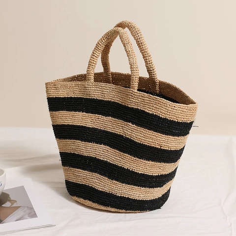 Borsa Tote In Paglia Intrecciata A Righe Grande Capacità Borsa A Mano Raffia Per Vacanze Mare Estate Donna