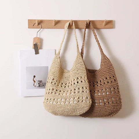 Women Large Capacity Hollow Out Straw Shoulder Tote Bag Hand Woven Crochet Summer Beach Vacation Bohemian Style