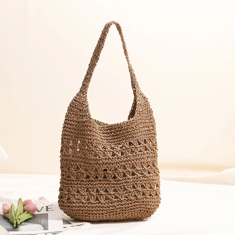 Women Large Capacity Hollow Out Straw Shoulder Tote Bag Hand Woven Crochet Summer Beach Vacation Bohemian Style