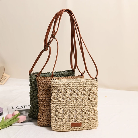 Sac Bandoulière En Paille Tissée Ajourée Avec Bandoulière En Cuir PU Réglable Style Bohème De Vacances À La Plage